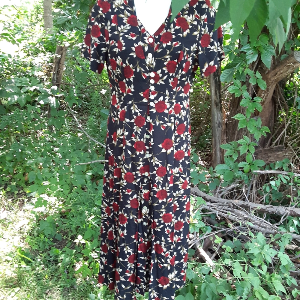 90s floral red rose black maxi dress faux vest and loads of buttons sz 12 - Picture 4 of 7